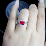 红宝石戒指2.5克拉彩色宝石镶嵌925纯银镀18K白金方形珠宝指环女