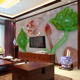 5D玉雕现代中式荷花大型壁画 客厅电视背景墙纸 卧室无纺布浮雕