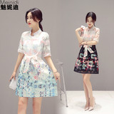2016夏季新款韩版修身印花两件套裙子夏欧根纱中长款套装连衣裙女