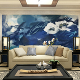 现代简约个性抽象蓝色大型壁画 客厅电视背景墙壁纸 咖啡厅墙布