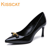 KISSCAT接吻猫2015秋季新品正品牛皮尖头细跟女单鞋浅口高跟鞋