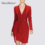 MeetMetro2016春装新款女装通勤气质V领长袖修身红色职业连衣裙女