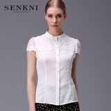 圣可尼专柜正品职业蕾丝拼接白衬衫女短袖立领雪纺衬衣夏季20103
