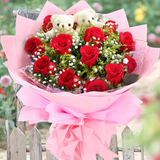 送花11朵枝红玫瑰2只小熊全国同城速递鲜花束上门结求婚广州深圳