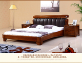 全实木榆木床1.8米双人床现代中式真皮床厚重款高箱家具卧室婚床