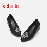 achette雅氏4GA5 春夏款纯色羊绒浅口女鞋高跟刺绣乳胶底坡跟单鞋