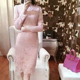 2016秋夏款韩国代购专柜 裸粉色蕾丝修身收腰淑女长袖打底连衣裙