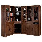 实木书房家具 榆木全实木转角组合书柜 中式木质带门书橱特价书架