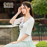 夏季中国风女装中袖茶服女棉麻改良汉服对襟上衣复古民国中式服装