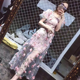 2016夏季女装欧根纱透视装蕾丝刺绣粉色印花连衣裙淑女公主度假裙