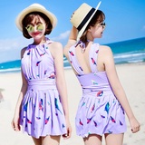 韩版新款泳衣时尚挂脖束腰性感修身钢托款连体裙式沙滩温泉女泳装