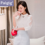 Palglg2016夏季新款女装韩版宽松百搭气质欧根纱七分袖翻领上衣女