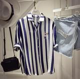 2016夏装新款女士短袖亚麻蓝白条纹衬衫海军风25麻料上衣服29周岁