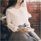 甜美娃娃领白衬衫女长袖韩版文艺大翻领雪纺打底衬衣