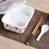 饭盒保鲜碗乐扣饭盒带勺筷分隔长方形陶瓷饭盒玻璃饭盒双格微波炉