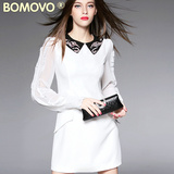 Bomovo2016夏装新品时尚欧美气质白色纱网拼接娃娃领长袖连衣裙女