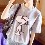 短袖t恤女夏装新款韩版宽松显瘦短款学生竖条纹简约卡通印花上衣
