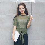 2016夏季韩版性感透视不规则开叉针织衫中长款短袖罩衫女装T恤潮