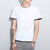 夏季男士短袖T恤纯色圆领纯棉假两件日系半袖体恤衫韩版修身小衫