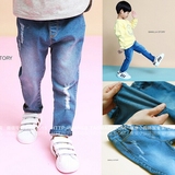 特价韩国代购2016春款BAN男童儿童磨破有弹力舒适磨白牛仔裤