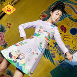 密扇春款原创设计师女装裙子中国风印花民族风长袖中长款连衣裙