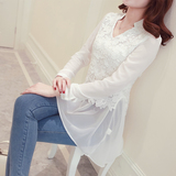 雪纺衫女长袖2016春装新款韩版大码修身纯色蕾丝打底衫中长款薄