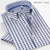 SmartFive 夏装衬衫男格纹休闲扣领半袖衬衣纯棉修身时尚韩版衬衫