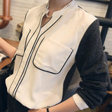 2016春夏韩范立领白色拼色加厚加绒打底衬衫女长袖 大码休闲衬衣