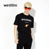 Westlink/西遇2016春季新款 字母图案圆领短袖宽松纯棉黑色男T恤