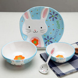 创意卡通碗盘子勺陶瓷碗米饭碗 可爱儿童手绘动物餐具套装 萌萌哒