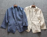 外贸原单出口日本剪标西服领短款七分袖棉麻小外套