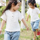 日系童装男童白衬衫短袖纯棉夏季儿童棉麻上衣男女童薄款休闲衬衣