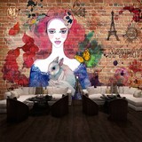 时尚复古砖纹个性涂鸦背景墙 美女彩绘背景墙酒吧咖啡厅墙纸壁画