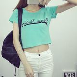 韩版夏装露脐短款短袖t恤修身显瘦漏肚脐字母高腰上衣打底衫女潮