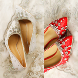 2016春季红色蕾丝水晶鞋婚鞋超高跟细跟尖头白色水钻新娘鞋单鞋女