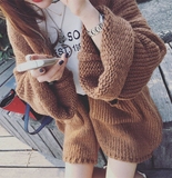 韩国秋冬季加厚粗毛线宽松喇叭袖毛衣开衫粗棒针V领针织衫外套女