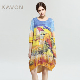 Kavon/卡汶 设计师品牌 春夏女装宽松中长七分袖印花图案连衣裙女