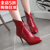 英伦风时尚高跟女靴细跟马丁靴红色尖头短靴韩版冬季春秋单靴
