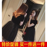2016春装新款韩版丝绒蓬蓬裙长袖黑色晚礼服修身连衣裙女A7528