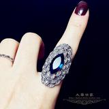 新品复古镶钻夸张蓝宝石水晶戒指 女食指指环时尚百搭超值饰品
