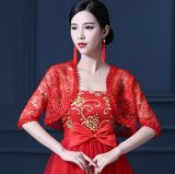 韩版新娘结婚红色白色蕾丝大码中袖礼服旗袍外搭开衫披肩五分秋