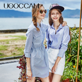 UGOCCAM2016秋装女装简约POLO领直筒中长款短袖蓝色条纹衬衫女