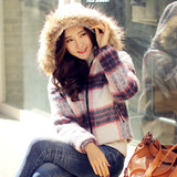 韩国东大门女装冬保暖时尚貉子毛大毛领棉衣女短款格纹小棉袄外套