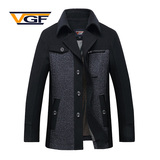 vgf2015秋冬季新款男装中老年羊毛呢子外套西装领中长款修身夹克