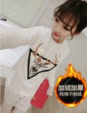 韩版大码女装麋鹿拼接蕾丝修身长袖中长款T恤加绒加厚长款打底衫