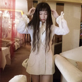 韩版时尚套装秋装女装甜美花边长袖衬衫+V领背带裤