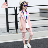 中大儿童装2016新款韩版时尚 女童夏装套装个性小西装休闲三件套
