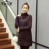 韩版时尚新款高领毛衣女中长款修身显瘦后开叉针织衫套头女