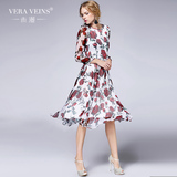 Vera Veins西西里玫瑰印花中长款大摆长袖真丝长裙 桑蚕丝连衣裙