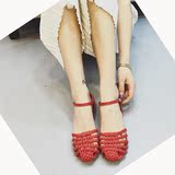 韩国编织凉鞋女夏平底包头镂空包跟一字扣带欧美休闲平跟文艺森系